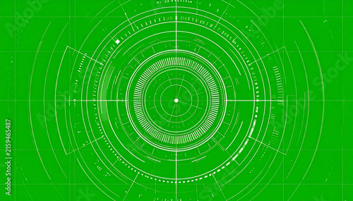 Futuristic Digital Radar Screen Interface with Concentric Circles and Grid Lines on a Vibrant Green Background