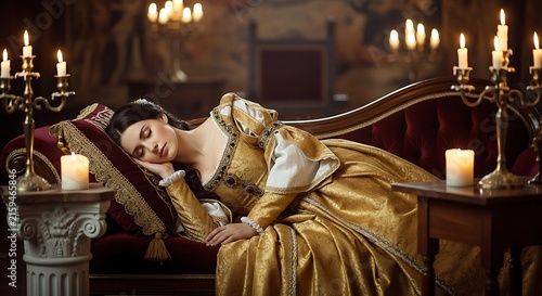 Sleeping woman in a vintage gold dress lying on a red velvet sofa in a dimly lit room with many burning candles on ornate brass holders