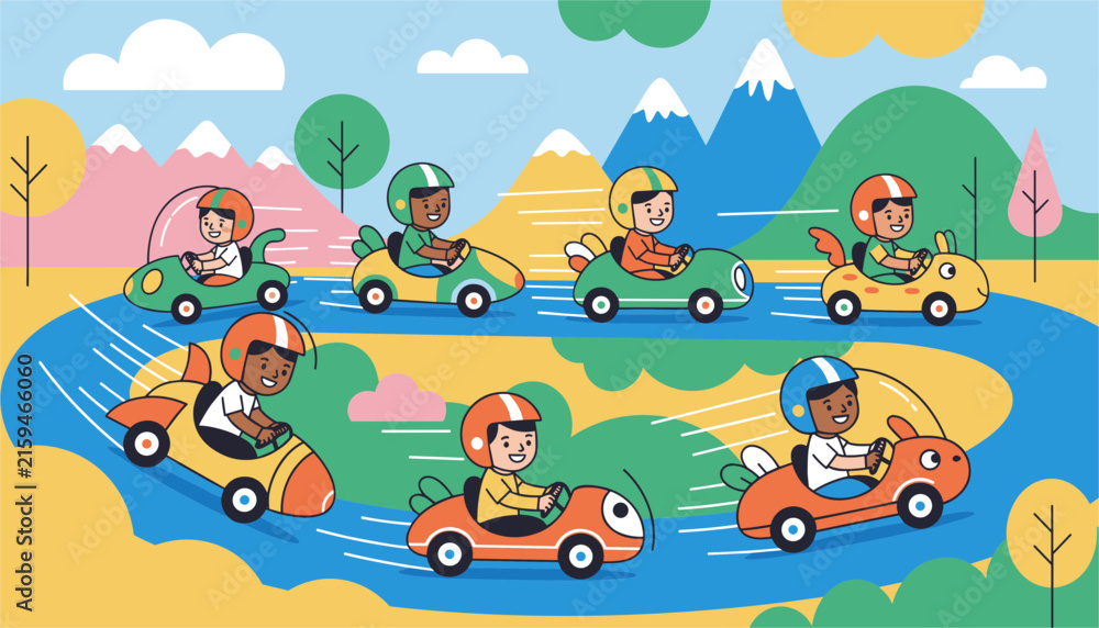 Naklejka premium Cheerful active children wearing safety helmets race colorful go-karts on an outdoor track in the green mountains.