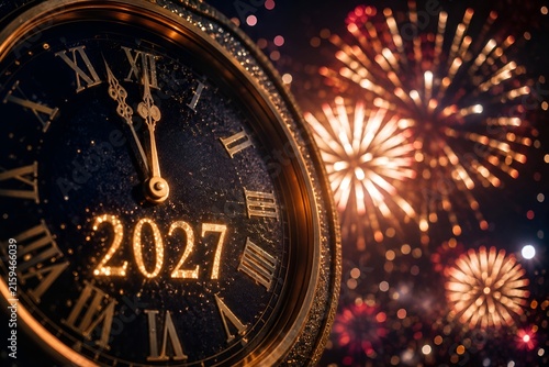 New Year 2027 countdown clock with golden fireworks display in the night sky