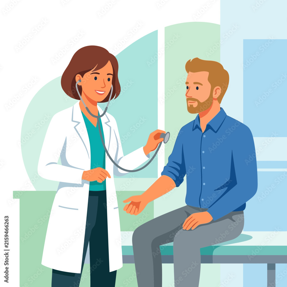 Obraz premium Doctor using stethoscope to examine patient in a modern clinic, simple flat illustration style