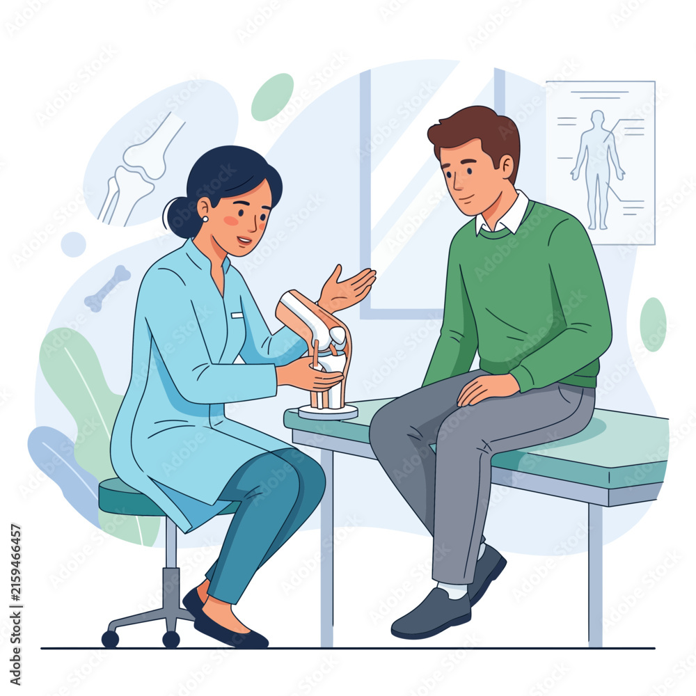 Fototapeta premium Doctor Explains Knee Joint Model to Patient in Medical Office - Flat Design Illustration