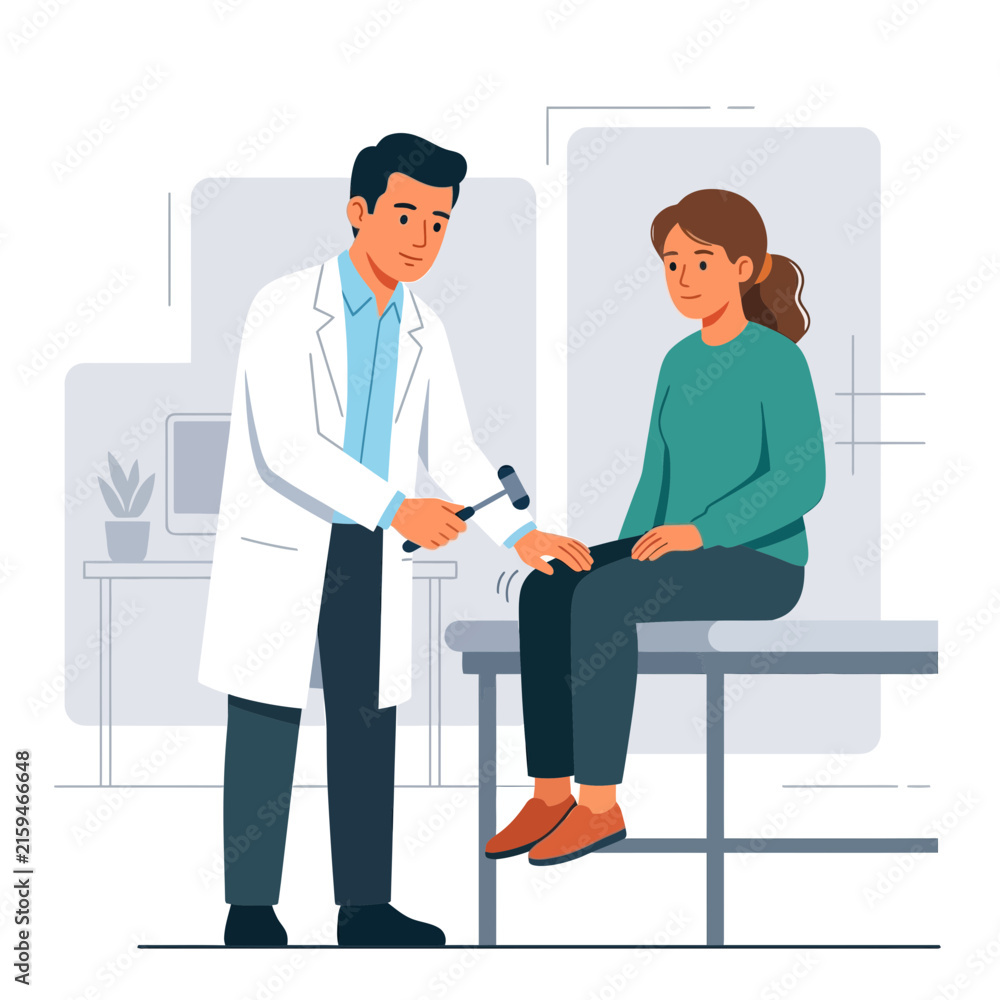 Fototapeta premium Doctor Performing Reflex Test on Patient's Knee with Reflex Hammer - Medical Examination Illustration