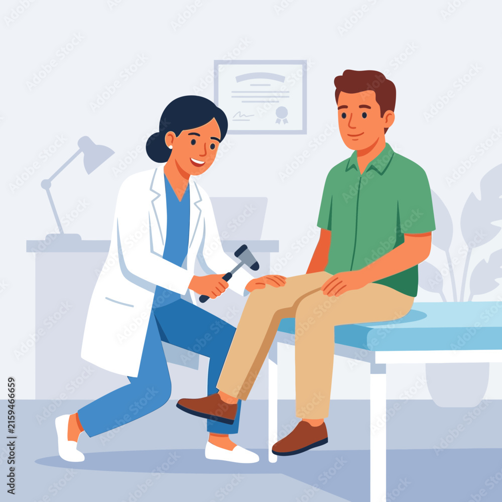 Fototapeta premium Doctor Performing Reflex Test on Patient's Knee with Reflex Hammer in Clinic