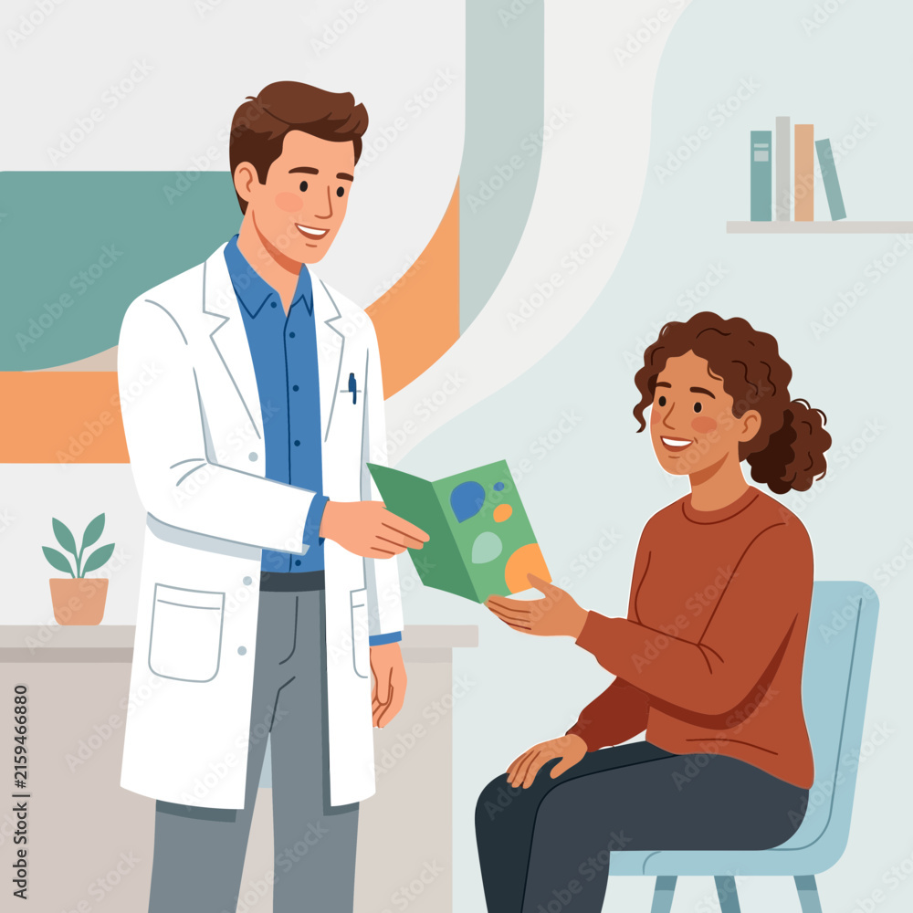 Obraz premium Doctor Giving Information Brochure to Patient in Flat Design Style