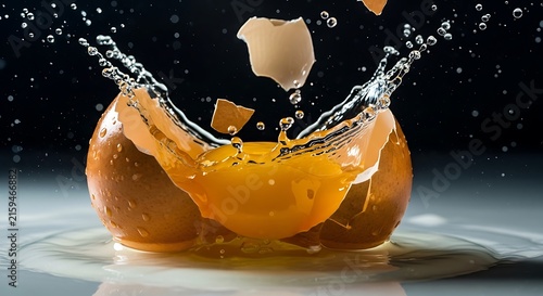 Two brown chicken eggs cracking open with a splash of liquid yolk and egg white against a dark background, with water droplets, in the air