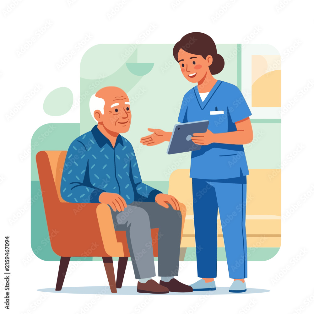 Obraz premium Elderly Man Receives Care from Nurse with Tablet in Flat Design