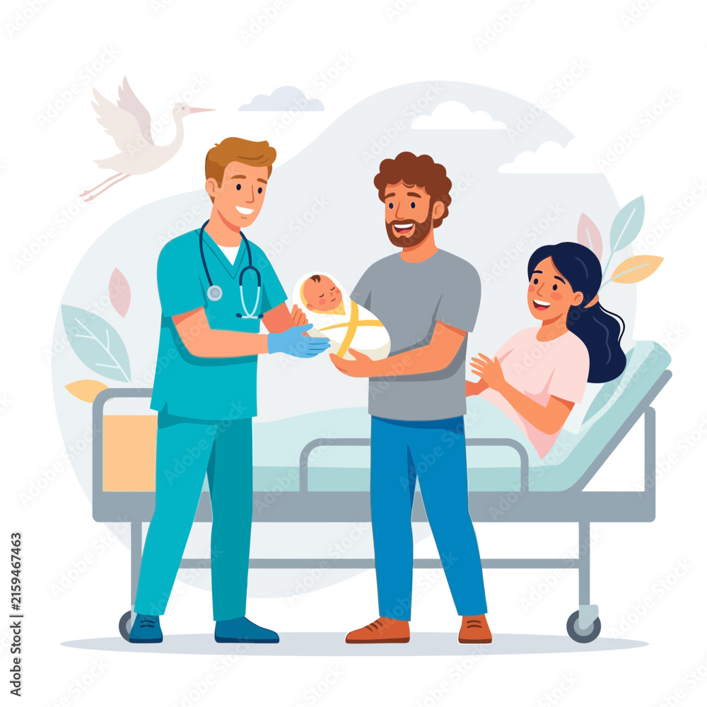 Fototapeta premium Happy Family Welcomes Newborn Baby in Hospital, Doctor Hands Infant to Proud Father
