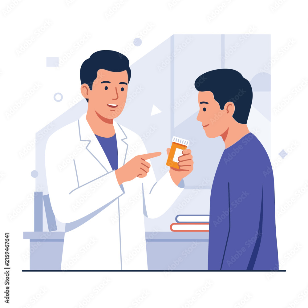Obraz premium Pharmacist Explaining Prescription Medication to Patient in Modern Flat Illustration Style