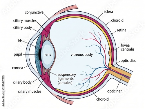 Detailed cross section diagram of human eye anatomy highlighting cornea lens retina and optic nerve with structure ophthalmology optometry physiology vitreous illustration educational clinical