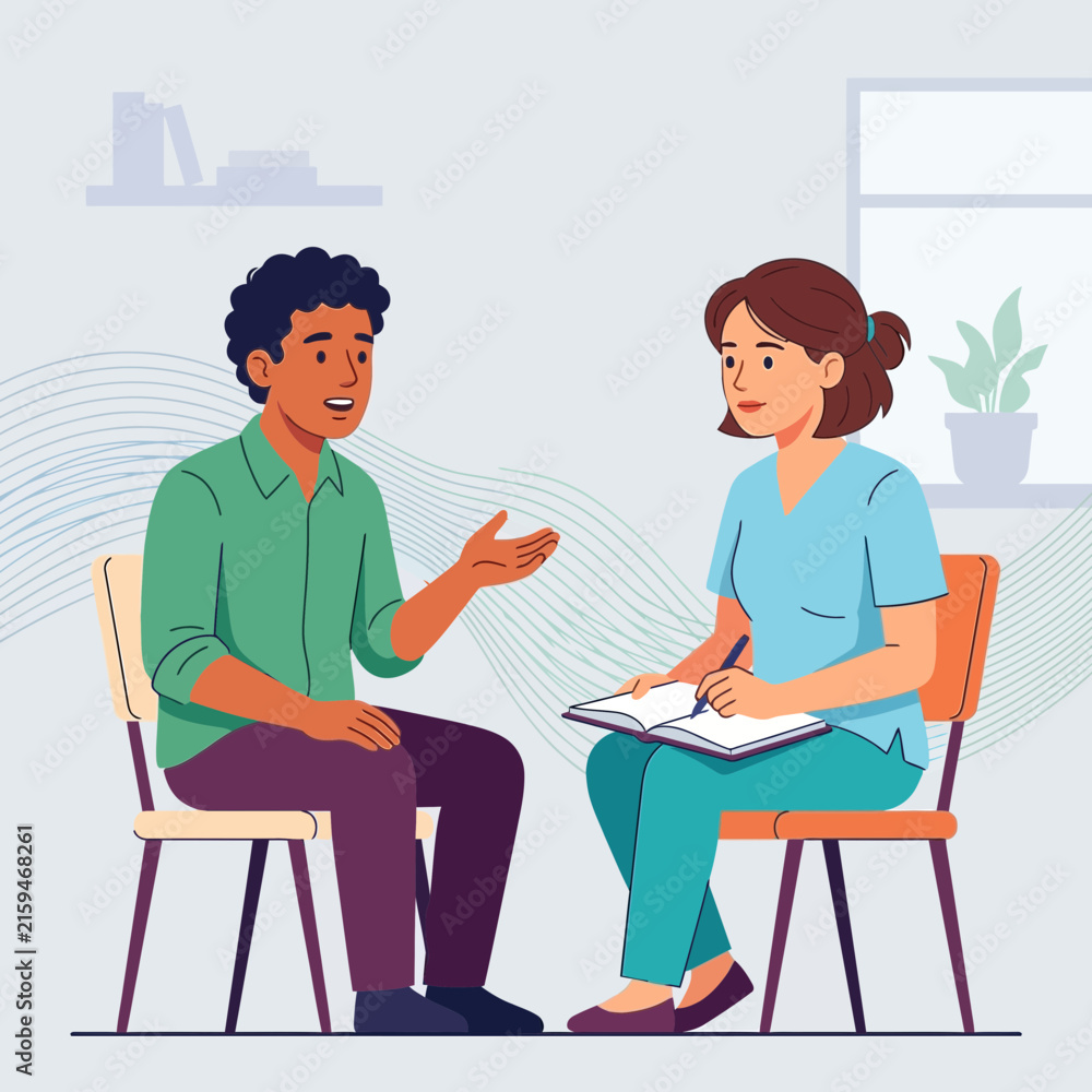 Obraz premium Therapist Counseling Patient, Mental Health Support Session, Doctor Consultation, Flat Vector Illustration