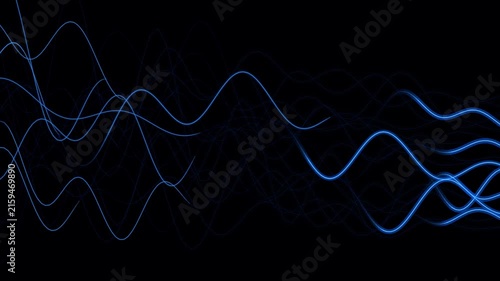 Blue glowing abstract wave lines on dark background with white and yellow accents blue glowing lines