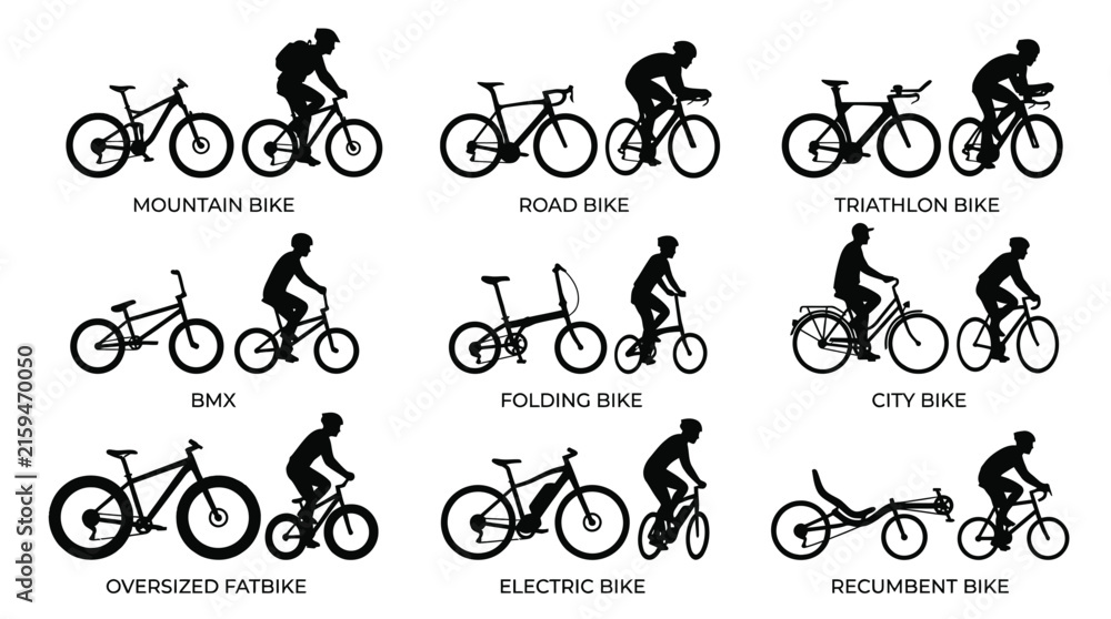 Fototapeta premium Diverse collection of professional bicycle vector silhouettes showing various cycling models for modern graphic design projects