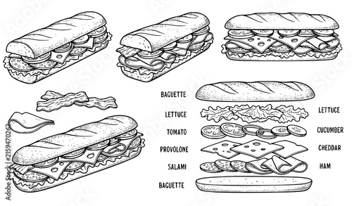 Custom Submarine Sandwich Ingredients Flying Food Sketch Vector Set