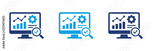A set of three business analytics icons featuring a computer monitor displaying financial graphs, gear settings, and a magnifying glass with a checkmark for verification.