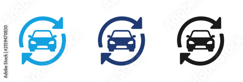 A set of three car icons featuring circular arrows representing vehicle sharing rental services and automotive exchange concepts in various shades of blue and black