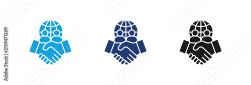 A set of three icons featuring a handshake combined with a globe symbol to represent global business deals and international cooperation in blue and black colors