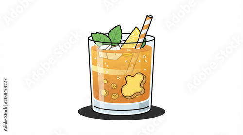 Refreshing Orange Fruit Cocktail Vector Illustration Featuring Citrus Garnish and Mint Leaves in a Clear Glass with Straw for Summer Drinks