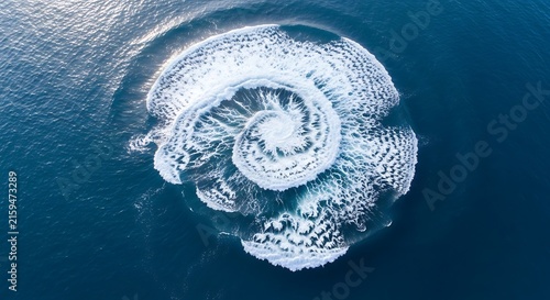Aerial View of a Spiraling White Boat Wake in Deep Blue Ocean