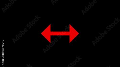 Bright red double headed arrow icon pointing in opposite directions isolated on a solid black background representing horizontal movement or bidirectional growth and navigation