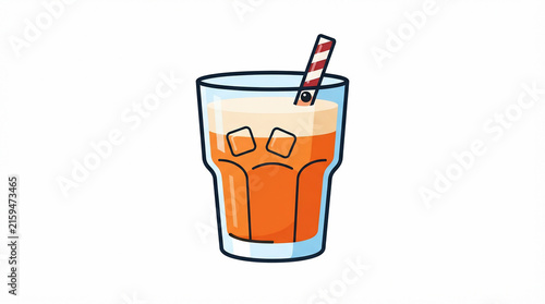 Refreshing orange juice glass with ice cubes and a striped straw vector illustration isolated on white background