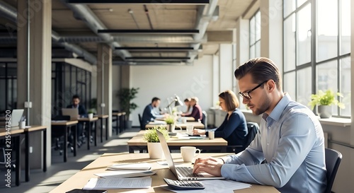 Focused Young Male Professional Working on Laptop in a Bright Modern Open Plan Office Workspace with Colleagues in Background for Business Concept