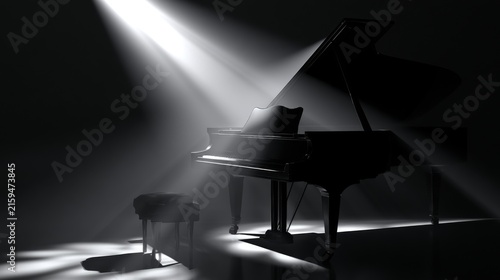 Elegant grand piano illuminated by dramatic spotlight in dark room creating a captivating atmosphere for music and performance inspiration