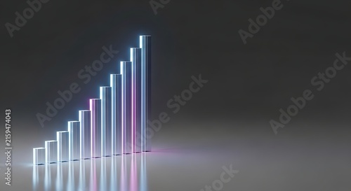 Abstract 3D Business Growth Chart with Glowing Neon Blue and Purple Bars Representing Financial Success and Increasing Data Progress on Dark Surface