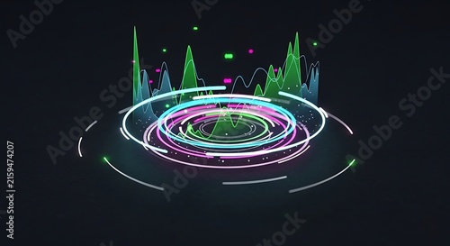 Futuristic 3D Digital Audio Visualization with Glowing Neon Sound Waves and Concentric Circular Interface on a Dark Technological Background