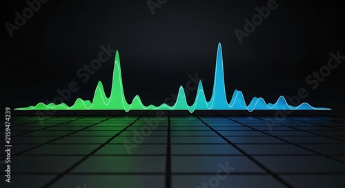 Colorful audio waveform equalizer visualization on a dark grid background representing music, sound waves, and digital media technology concepts