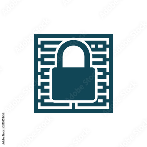 A dark blue icon showing a secure digital data lock symbol