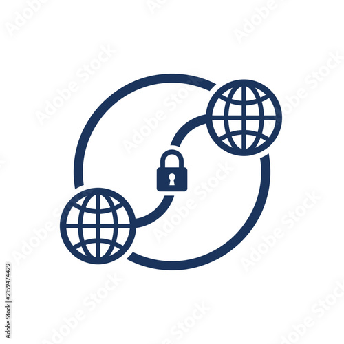 A dark blue icon showing a secure global network connection