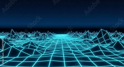 Abstract Futuristic Cyan Neon Grid Landscape in 3D Digital Space with Glowing Wireframe Terrain and Cyberpunk Virtual Reality Environment