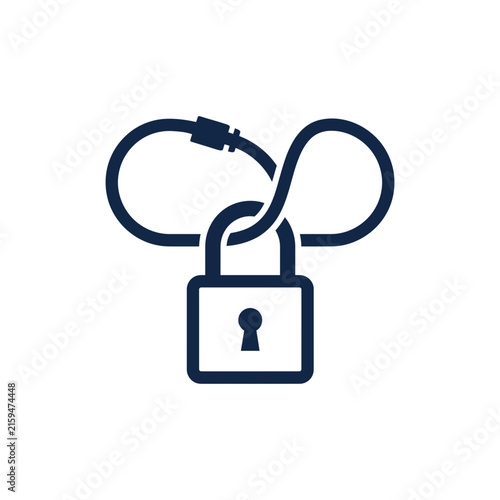 A dark blue icon showing a secure padlock with a cable