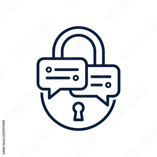 A dark blue icon showing a secure lock with speech bubbles
