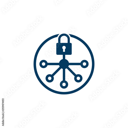 A dark blue icon showing a secure network connection symbol