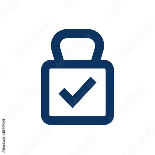 A dark blue icon showing a secure padlock with a checkmark