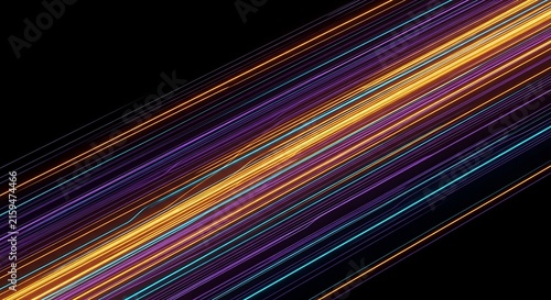 Abstract Futuristic Light Trails with Glowing Gold Purple and Blue Streaks on Black Background representing High Speed Data Transfer and Energy Flow