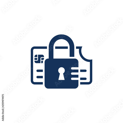 A dark blue icon showing a secure payment card with a padlock