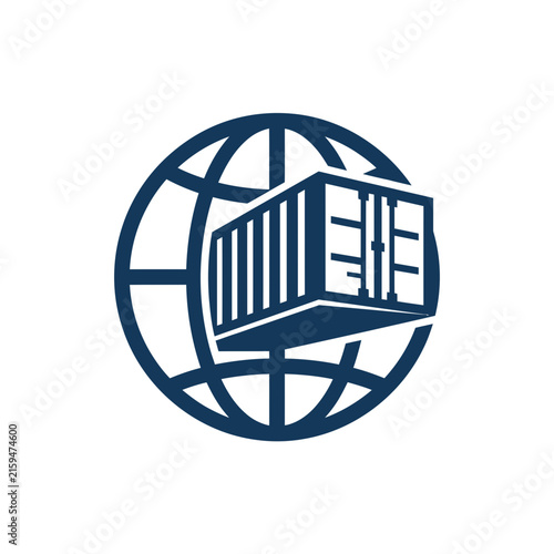 A dark blue icon showing a shipping container over a globe