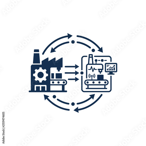 A dark blue icon showing a smart factory production cycle process