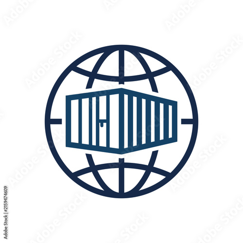 A dark blue icon showing a shipping container on a globe