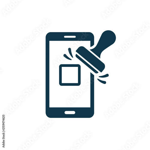 A dark blue icon showing a stamp marking a mobile device