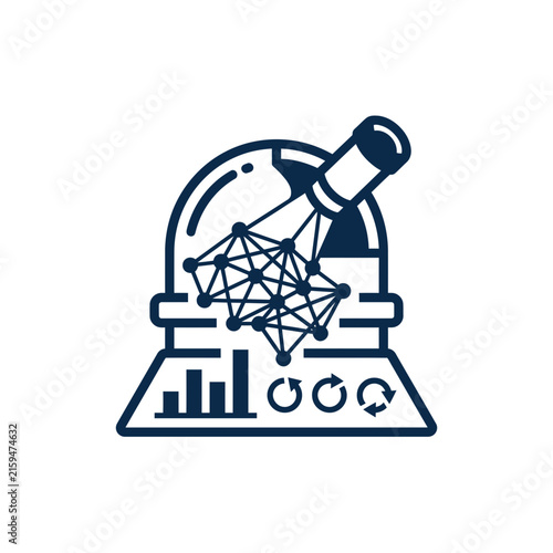 A dark blue icon showing a telescope and data analysis