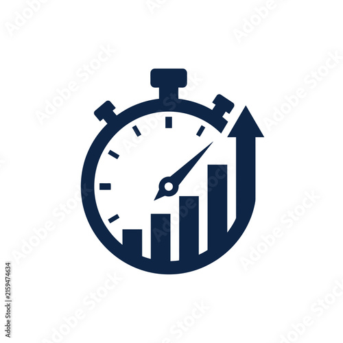 A dark blue icon showing a stopwatch with a rising bar graph