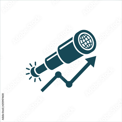 A dark blue icon showing a telescope and a rising graph