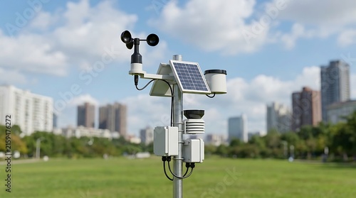 Cutting-edge automatic weather station meticulously collecting vital environmental data in a verdant city park, essential for comprehensive meteorological analysis and informed climate studies