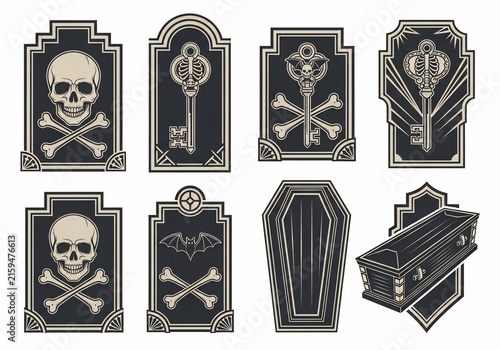 Gothic Vignettes: Skulls, Keys, and Coffins in Stark Line Art