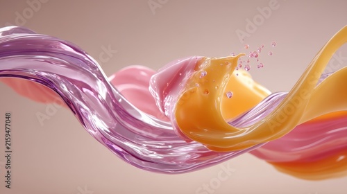 Colorful liquid swirl with flowing textures in pastel shades of pink, purple, orange and yellow on a soft gradient background