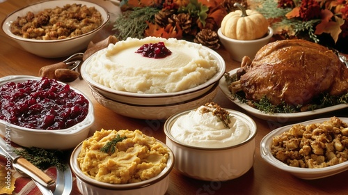 Traditional Thanksgiving Dinner Table with Roasted Turkey and Various Festive Side Dishes